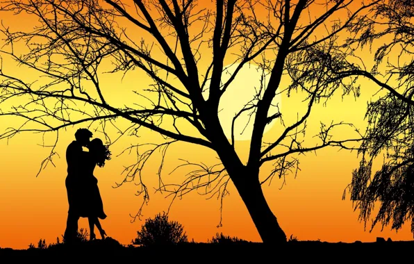 Sunset, woman, kiss, the evening, male, two