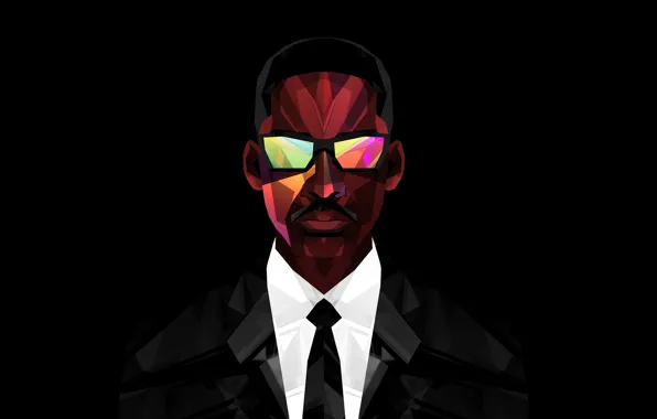 Picture the film, glasses, costume, actor, Will Smith, black background, Men in black, agent J