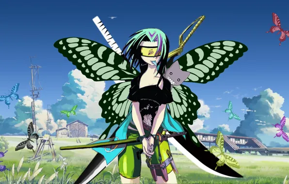 Grass, girl, clouds, butterfly, nature, home, anime, art