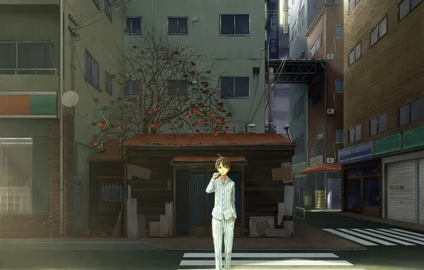 Picture leaves, the city, tree, home, anime, art, plate, pajamas