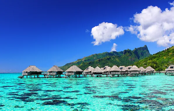 Sea, clouds, mountains, corals, Bungalow, blue sky, Bora Bora
