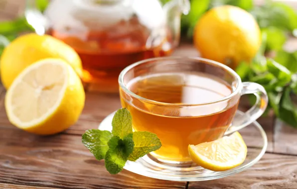 Lemon, tea, Cup, mint