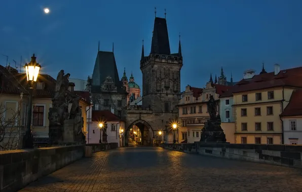 The sky, night, bridge, lights, the moon, Prague, Czech Republic, lights