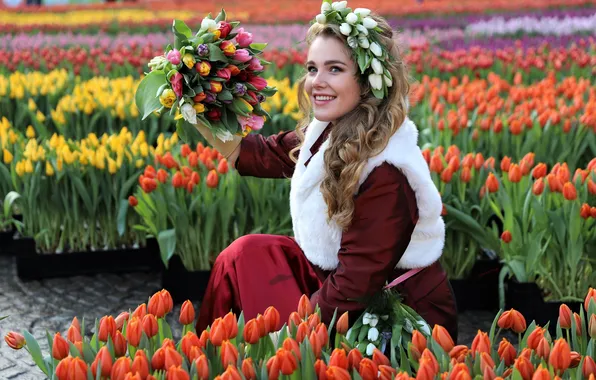 Girl, joy, flowers, smile, mood, holiday, hand, beauty