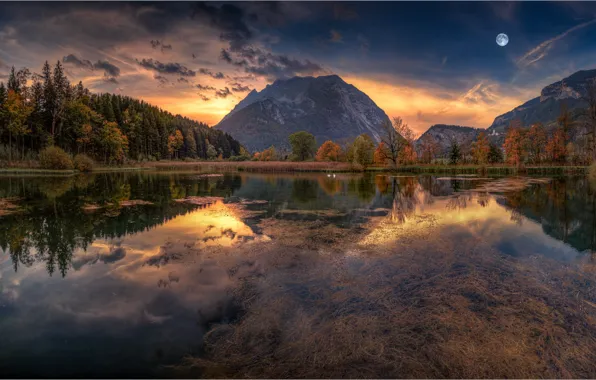 Picture autumn, forest, the sky, sunset, mountains, lake, reflection, the moon