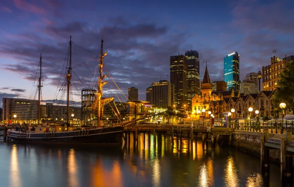 Clouds, reflection, night, the city, lights, shore, ship, building