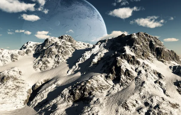 The sky, Mountains, The moon, Earth