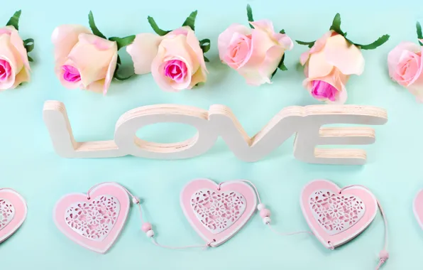Roses, hearts, love, heart, wood, pink, flowers, romantic