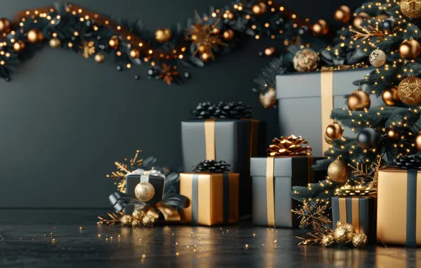 Balls, lights, the dark background, Christmas, gifts, New year, gold plated, gold