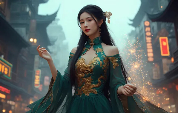 Look, girl, earrings, dress, hairstyle, Chinese, Asian, long hair