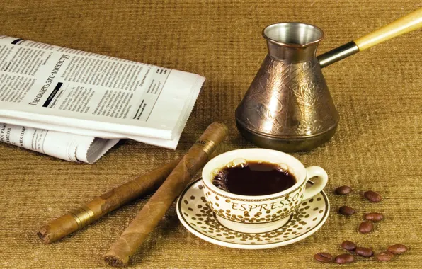 Coffee, newspaper, cigars