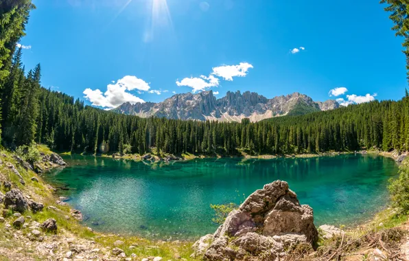 Forest, clouds, lake, stones, Sunny, Lake Carezza, trees