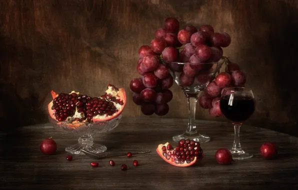 Table, wine, glass, grapes, fruit, still life, garnet, pomegranate grains