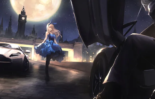 Girl, night, the city, the moon, anime