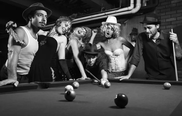 Retro, photo, girls, black and white, Billiards, guys, vintage, party