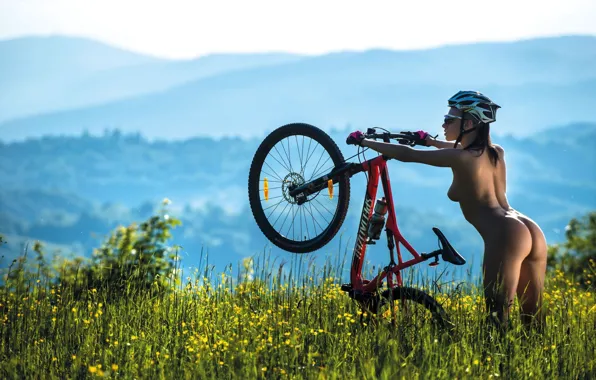 Greens, ass, chest, grass, the sun, landscape, mountains, bike