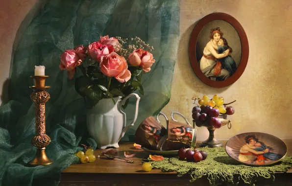 Picture flowers, portrait, roses, candle, plate, grapes, Cup, fabric