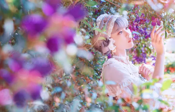 Summer, girl, light, flowers, nature, face, pose, garden