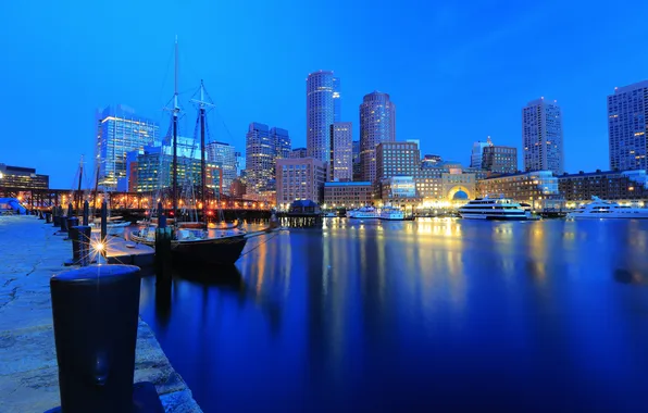 Picture building, yachts, pier, night city, promenade, Boston, Boston, harbour