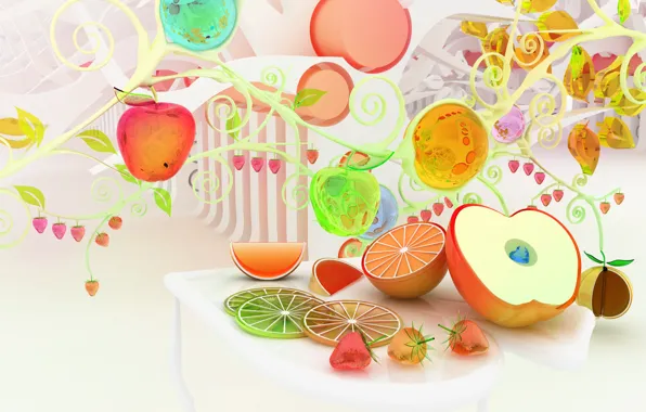 Apples, oranges, strawberry, fruit, colorful, Chromatic fruits