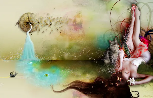 Cat, Girl, fountain