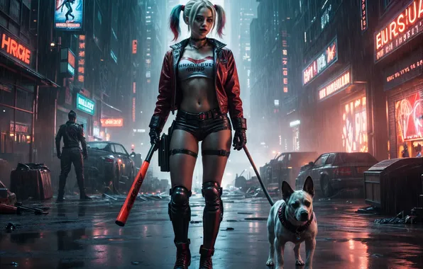 Girl, street, dog, cyborg, Harley Quinn, the image is generated by AI