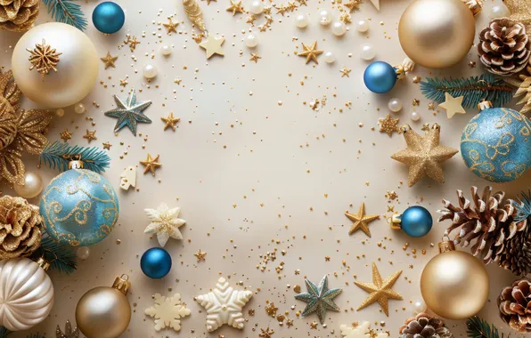 Stars, balls, snowflakes, branches, texture, sequins, blue, Christmas