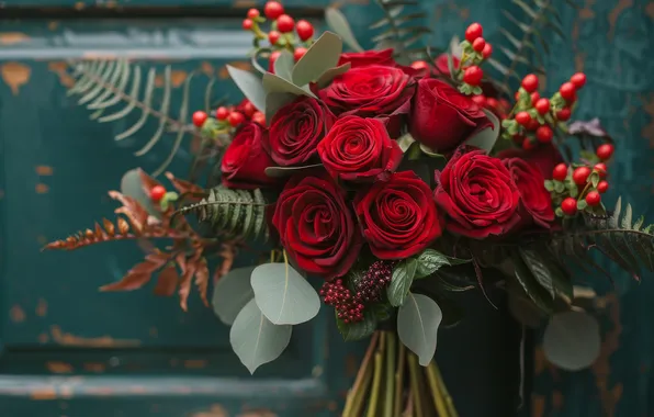 Leaves, flowers, branches, the dark background, Board, roses, bouquet, red