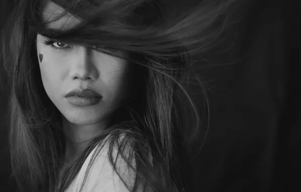 Look, face, hair, black and white, portrait, monochrome