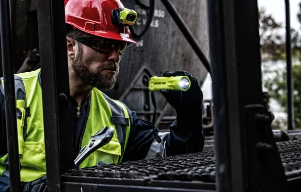 Railroad, Male, Helmet, Flashlight, Railroad, Workman, Working, Pelican Flashlight