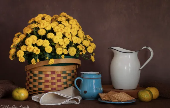 Flowers, style, background, basket, cookies, mug, pitcher, still life