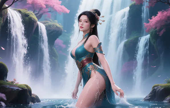 Picture girl, sexy, waterfall, asian, ai art