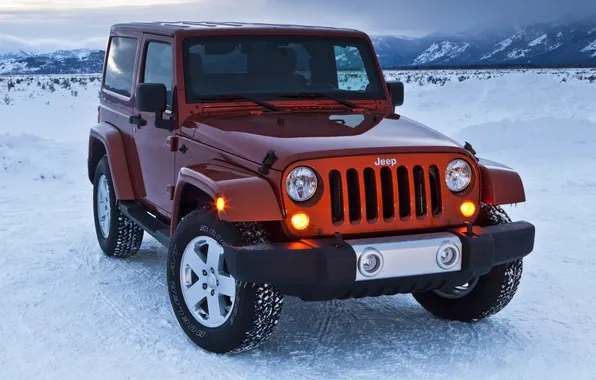 Snow, mountains, SUV, Jeep, Sahara, the front, Wrangler, Ringler