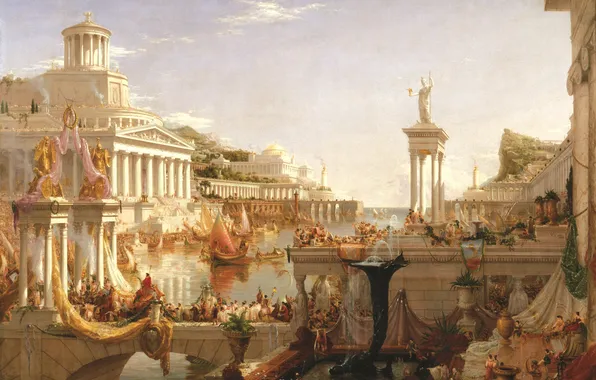 Water, the city, people, building, picture, painting, Thomas Cole, The Consummation The Course of the …