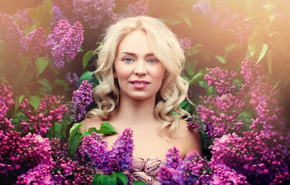 Leaves, flowers, makeup, garden, hairstyle, blonde, the bushes, lilac