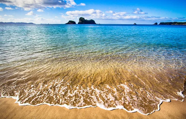 Sand, sea, the sky, clouds, rock, horizon, surf, new Zealand