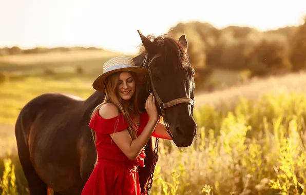 Field, girl, horse, horse