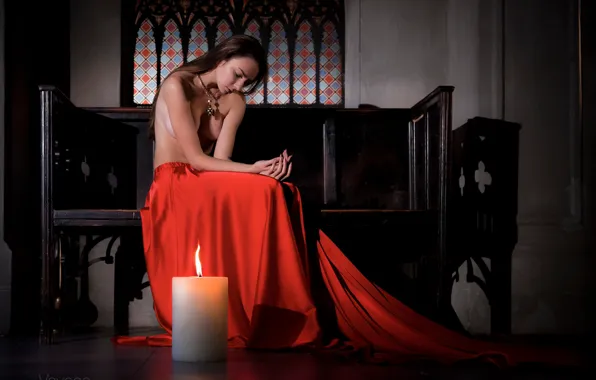 Chest, canvas, pose, background, model, candle, brunette, light