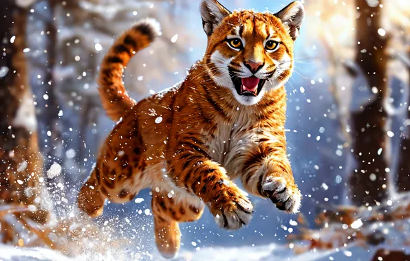 Winter, Cat, Snow, Puma, Big cat, Snowfall, 2025, AI art