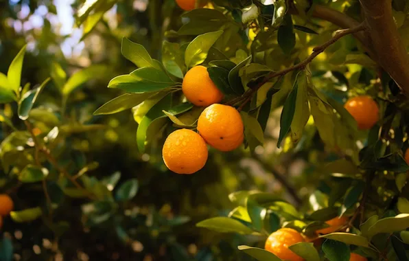 Leaves, branches, tree, oranges, garden, harvest, fruit, AI art