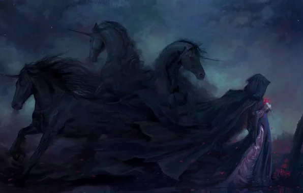 Picture girl, flowers, unicorn