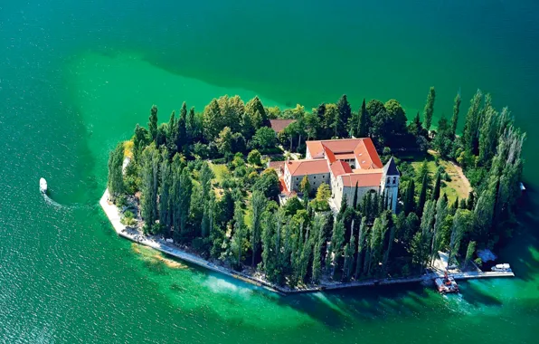 Picture trees, river, island, panorama, the monastery, Croatia, Krka, Visovac