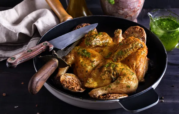 Knife, chicken, pan