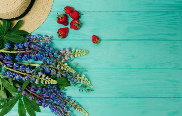 Picture flowers, background, wood, flowers, strawberry, purple, lupins, lupine