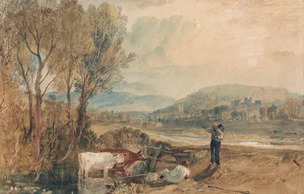 Landscape, mountains, river, picture, cows, watercolor, shepherd, Dorset