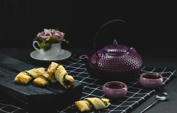 Picture flowers, tea, Cup, cakes, ARTOM PESETSKY