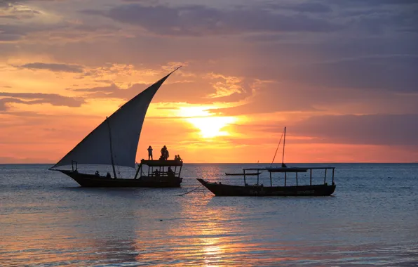 Sunset, the ocean, sailboat, horizon, Zanzibar