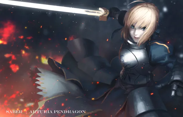 Picture girl, sword, armor, saber, fate stay night, anime, art