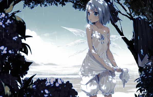 Picture sea, flowers, wings, wet, dress, art, girl, crystals