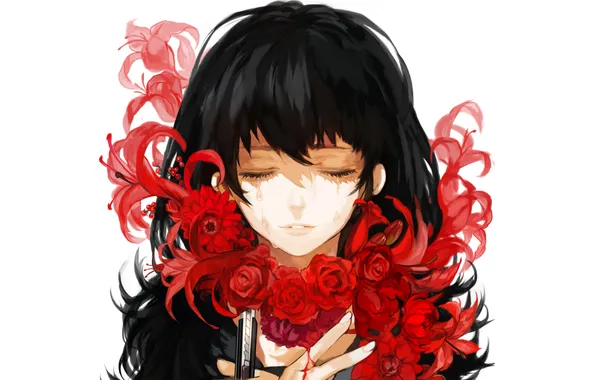 Blood, Girl, white background, red flowers
